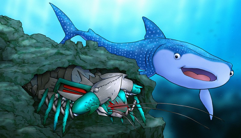 4_eyes 8_legs ambiguous_gender antennae_(anatomy) blue_body blue_eyes blue_skin blush cave claws duo embarrassed feral fin hand_on_head happy hiding interspecies machine mandibles multi_eye multi_leg multi_limb pincers red_eyes sea spikes spots water white_body white_skin papillonstudio disney finding_dory finding_nemo hasbro pixar takara_tomy transformers destiny_(finding_dory) nautilator arthropod carpet_shark crustacean cybertronian decapoda fish lobster malacostracan marine robot shark whale_shark