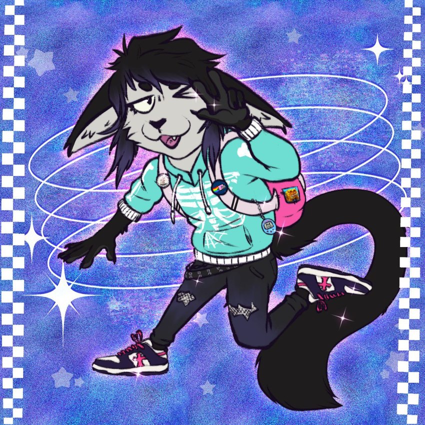 2000s_theme anthro backpack black_bottomwear black_clothing black_hair bottomwear chibi clothing female fluffy fluffy_ears fluffy_tail footwear gesture hair hand_gesture multicolored_hair one_eye_closed purple_hair shoes smile snout solo tail v_sign wink y2k_(graphic_design) ronnie_amnesiac garfield_(series) nyan_cat_(copyright) tamagotchi birra garfield_the_cat nyan_cat felid feline lynx mammal 1:1 2023 digital_drawing_(artwork) digital_media_(artwork) hi_res meme