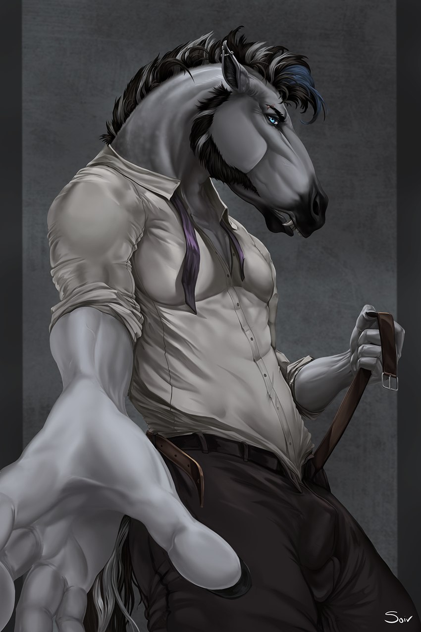 anthro belt biped black_mane blue_eyes bulge clothed clothed_anthro clothing detailed_bulge ear_piercing ears_back eyebrow_scar eyebrows facial_hair facial_scar fangs genital_outline grey_body looking_at_viewer male male_anthro mane muscular muscular_anthro muscular_male piercing pivoted_ears scar sheath_outline sideburns solo stare teeth soiv marcas_macmanus draft_horse equid equine horse mammal percheron 2024 2:3 digital_media_(artwork) hi_res