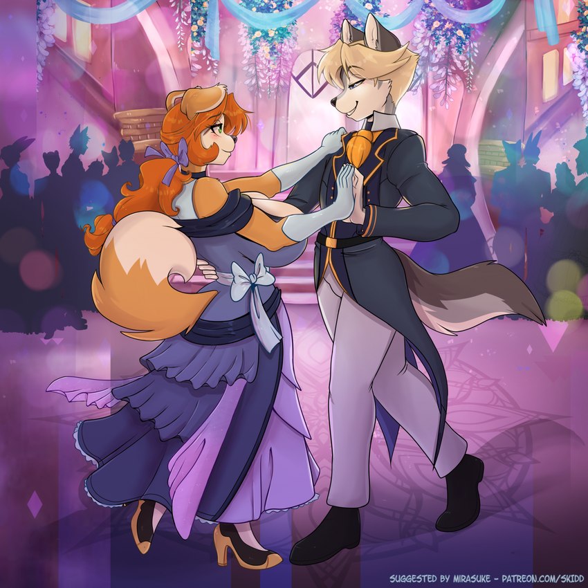 anthro ballroom big_breasts black_nose blonde_hair blush breasts clothed clothing dancing dipstick_tail duo_focus female footwear group hair high_heels male male/female markings shoes tail tail_markings text phuufy skidd uberquest drayven_alder kibbles_(uberquest) canid canine canis domestic_dog mammal wolf 1:1 2024 collaboration hi_res url