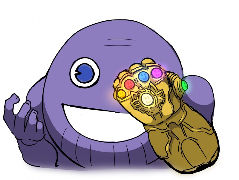 ambiguous_gender blue_eyes infinity_gauntlet looking_at_viewer not_furry open_mouth open_smile purple_body simple_background smile solo white_background batibatizekkyou innyume marvel smileghost thanos humanoid titanian 2018 hi_res