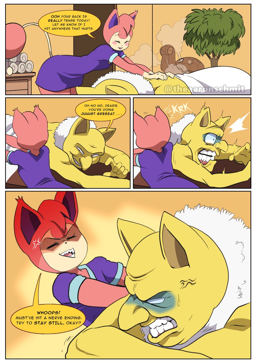 annoyed anthro bodily_fluids clothed clothing dialogue female lying male massage on_front sweat teeth text ugly_bastard aaron_schmit nintendo pokemon tinder_skitty_(series) tinder_skitty generation_1_pokemon generation_3_pokemon hypno_(pokemon) pokemon_(species) skitty torkoal absurd_res comic english_text hi_res