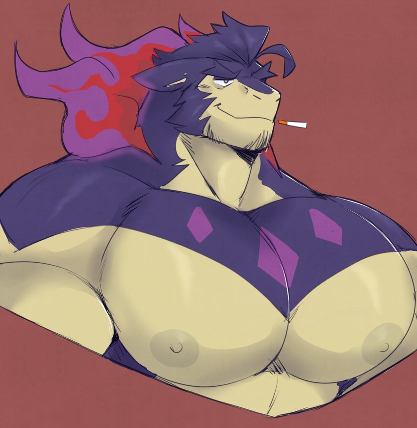 anthro anthrofied areola barazoku belly biceps big_areola big_biceps big_nipples big_pecs black_eyes black_facial_hair brown_background cigarette colored_fire eyebrows facial_hair fire hair looking_into_the_distance male mouth_closed muscular muscular_anthro muscular_arms muscular_male nipples pecs purple_arms purple_chest purple_ears purple_eyebrows purple_facial_hair purple_fire purple_hair purple_neck purple_sideburns sideburns simple_background solo tan_areola tan_arms tan_belly tan_chest tan_inner_ear tan_neck tan_nipples thick_arms thick_eyebrows two_tone_arms two_tone_chest two_tone_fire two_tone_neck castrodour nintendo pokemon ignis_(castrodour) generation_8_pokemon hisuian_form hisuian_typhlosion pokemon_(species) regional_form_(pokemon) 2024 digital_drawing_(artwork) digital_media_(artwork) half-length_portrait hi_res portrait