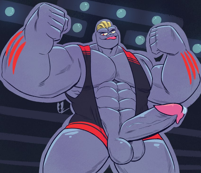 abs balls black_clothing bodily_fluids clothing fighting_ring fist genital_fluids genitals humanoid_genitalia humanoid_penis male markings muscular muscular_male pecs penis precum raised_arms red_markings shirt solo tank_top tongue tongue_out topwear jasperthecrab nintendo pokemon generation_1_pokemon machoke pokemon_(species) hi_res