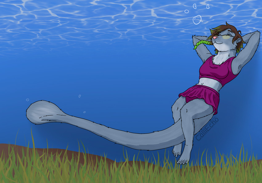 alternate_species anthro barefoot blue_background braided_hair brown_hair clothing eyes_closed eyewear feet female flat_tail glasses green_hairtips hair membrane_(anatomy) seaweed simple_background solo swimwear toes underwater water webbed_feet calliecho calliecho_(character) mammal mustelid otter hi_res nonbinary_(lore)