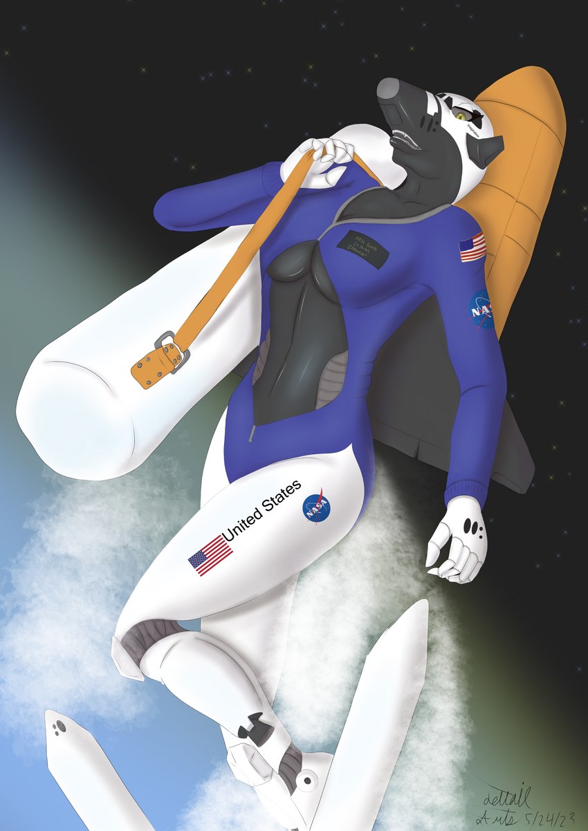 aircraft american_flag bag barrel_bag black_body blue_clothing boosters clothing female machine not_furry orange_tank solo space space_shuttle spacecraft star uniform united_states_of_america vehicle white_body jettail nasa aircraft_humanoid living_aircraft living_machine living_vehicle hi_res