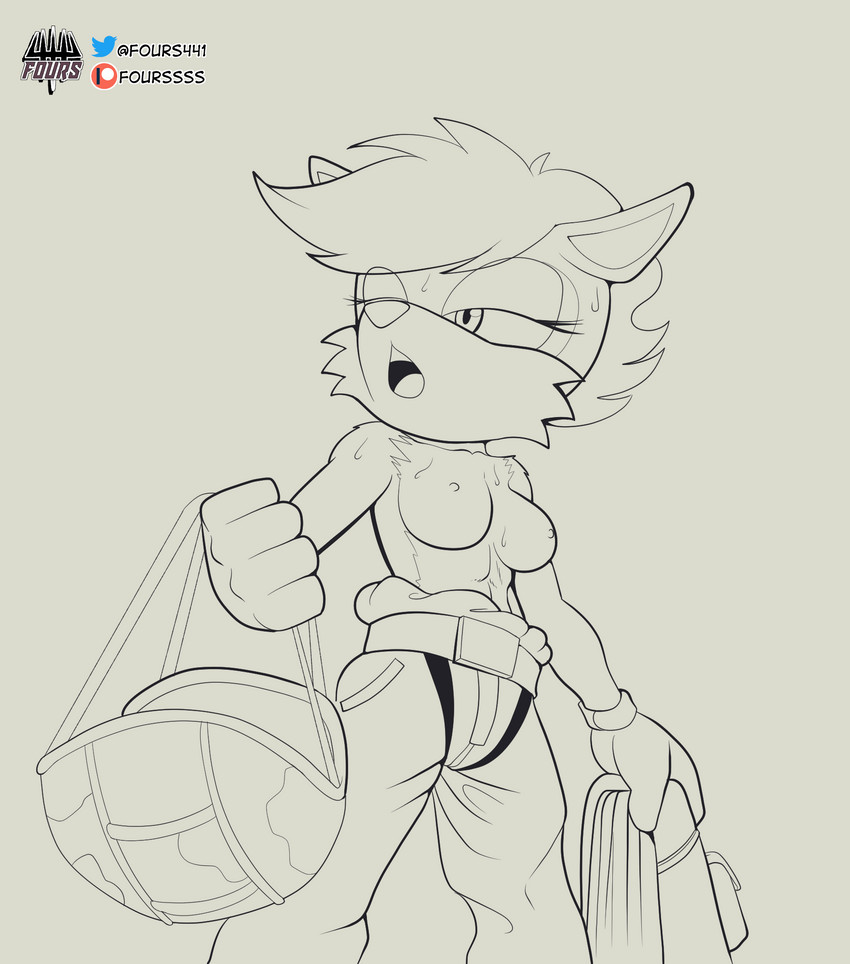 anthro armor bodily_fluids bottomwear breasts breath clothed clothing female headgear helmet low-angle_view military_gear nipples panting pants solo sweat topless worm's-eye_view fours_(artist) sega sonic_the_hedgehog_(series) erma_ermine mammal mustelid musteline stoat true_musteline weasel hi_res