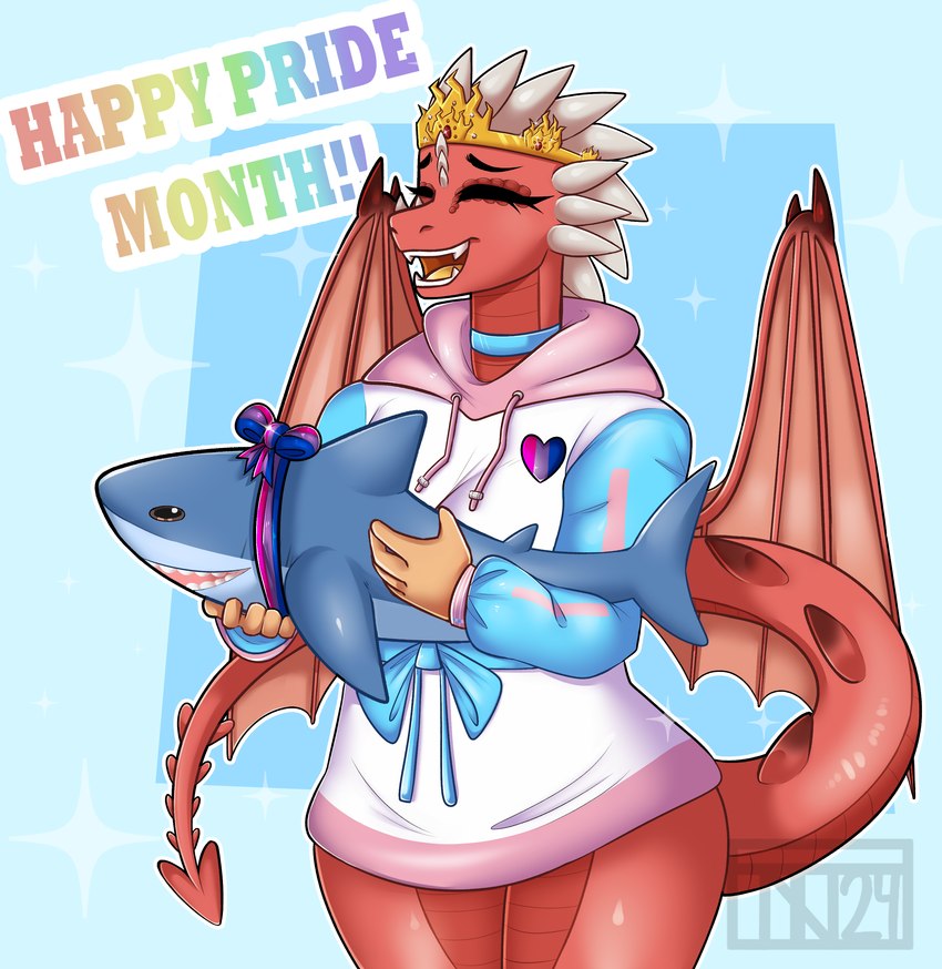 anthro bisexual_pride_colors clothing female happy horn lgbt_pride membrane_(anatomy) membranous_wings pride_color_clothing pride_colors red_body red_scales scales solo spikes spikes_(anatomy) tail transgender_pride_colors wings trinitynight ikea mythology blahaj ember_(xjax1) dragon mythological_creature mythological_scalie scalie absurd_res hi_res trans_(lore)