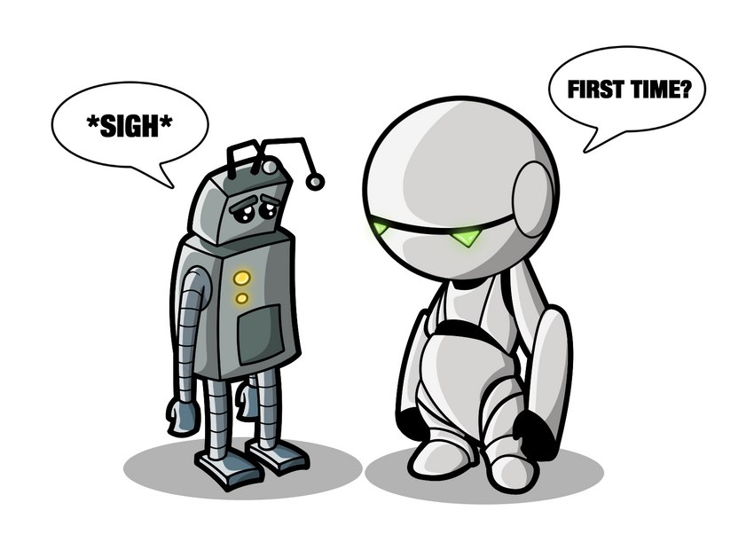 bolt and marvin the paranoid android (the hitchhiker's guide to the galaxy and etc) created by marcusbennett1992