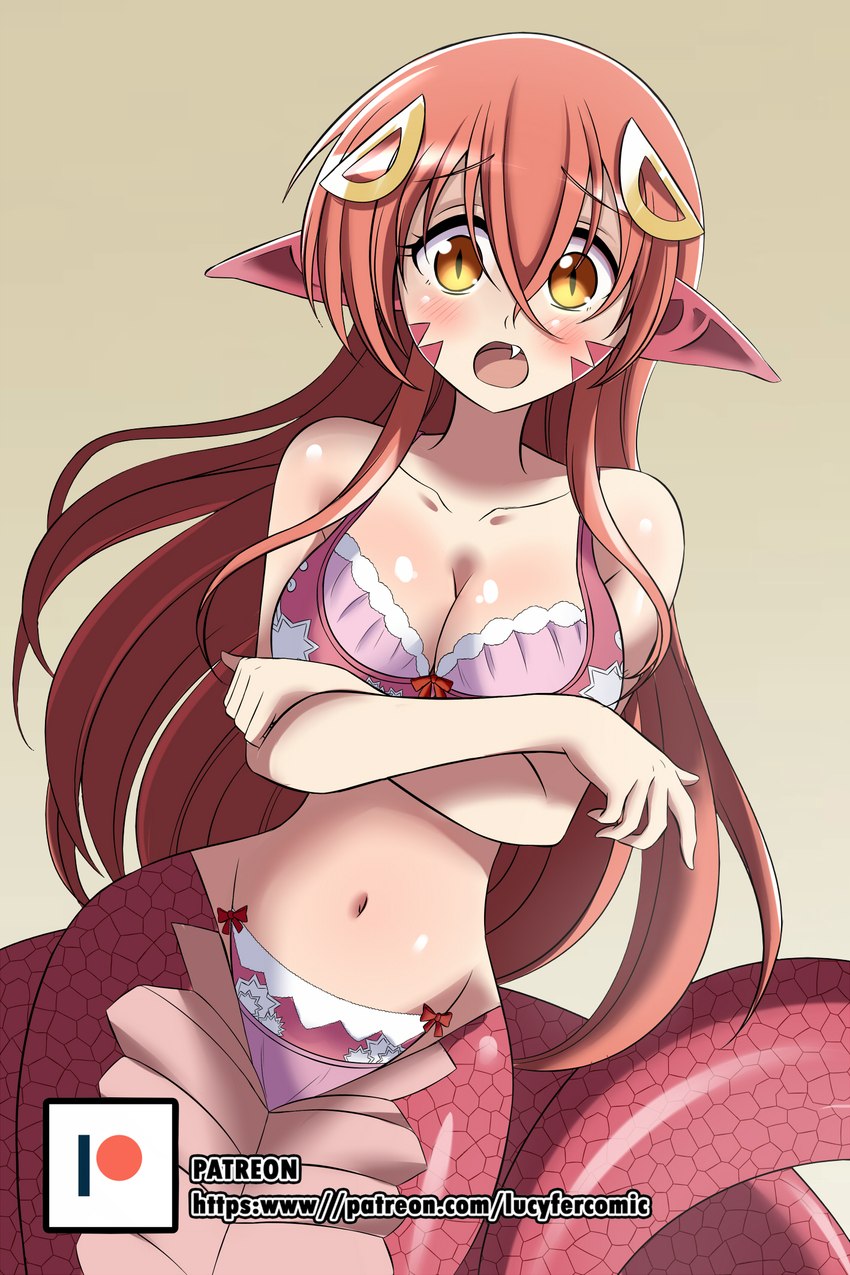 apode big_breasts blush bottomwear bra breasts clothing female hair humanoid_pointy_ears lace_bra lace_underwear legless living_tail monster_girl_(genre) pink_bottomwear pink_bra pink_clothing pink_topwear pink_underwear red_body red_hair red_scales scales serpentine snake_tail solo split_form tail topwear underwear unusual_anatomy unusual_tail yellow_eyes lucyfercomic european_mythology greek_mythology monster_musume mythology miia_(monster_musume) animal_humanoid draconcopode humanoid lamia monster mythological_creature mythological_scalie reptile reptile_humanoid scalie scalie_humanoid snake hi_res