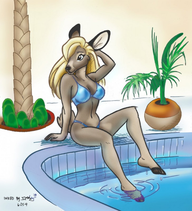 anthro biped black_body black_fur blonde_hair breasts brown_eyes cleavage clothed clothing female fur hair hooves medium_breasts midriff navel palm_tree plant simple_background sitting solo swimming_pool swimwear tan_body tan_fur tree water white_background white_body white_fur megan_giles ninevah deer mammal 2004 hi_res