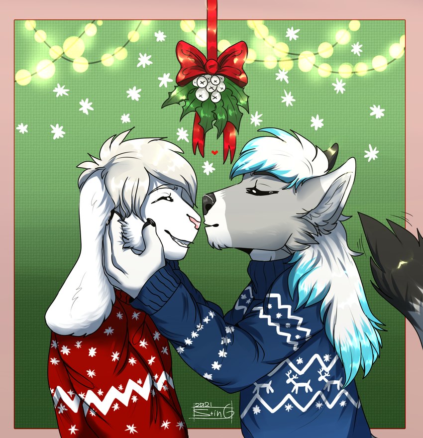 accidental_holly anthro christmas_clothing christmas_sweater christmas_topwear clothing duo happy holidays holly_(plant) kissing male male/male nose_kiss plant smile sweater tail tail_motion tailwag topwear sting_12 christmas dante_kinkade zack_(thezackrabbit) canid canine canis lagomorph leporid mammal rabbit wolf hi_res