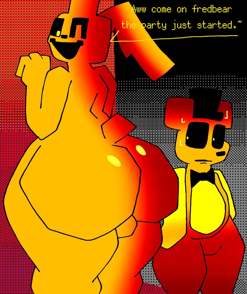 ambiguous_gender anthro big_butt bodily_fluids bow_tie butt clothing duo enticing hat headgear headwear male one_eye_closed sweat teasing top_hat wink yellow_body lucaslora five_nights_at_freddy's scottgames fredbear_(fnaf) spring_bonnie_(fnaf) bear lagomorph leporid mammal rabbit hi_res