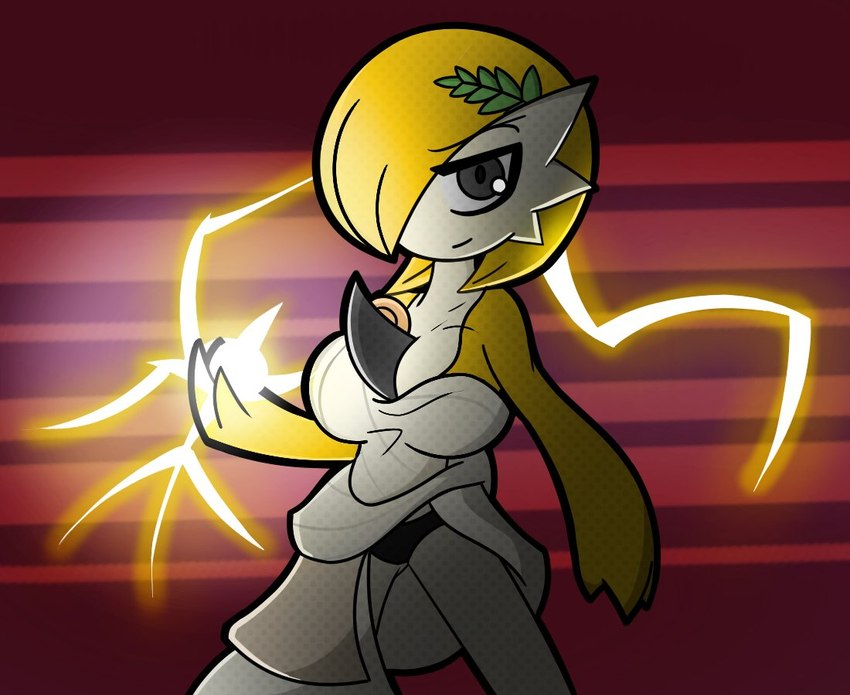 3_fingers big_breasts black_eyes blonde_hair breasts cleavage clothed clothing electricity electricity_manipulation electrogenesis elemental_manipulation female fingers hair hair_over_eye laurel_wreath lightning looking_at_viewer not_furry one_eye_obstructed panties simple_background smile smirk solo toga underwear upskirt malegardevoir nintendo pokemon gardevoir generation_3_pokemon humanoid pokemon_(species) 2022