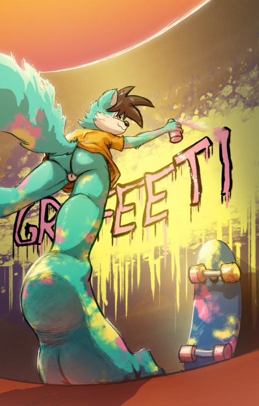 anthro balls black_hair bottomless butt clothed clothing feet foot_focus fur genitals graffiti green_body green_fur hair low-angle_view male multicolored_body multicolored_fur orange_eyes shirt skateboard soles solo topwear two_tone_body two_tone_fur vehicle young young_anthro young_male dakkawoof tweaker domestic_cat felid feline felis mammal 2019 hi_res