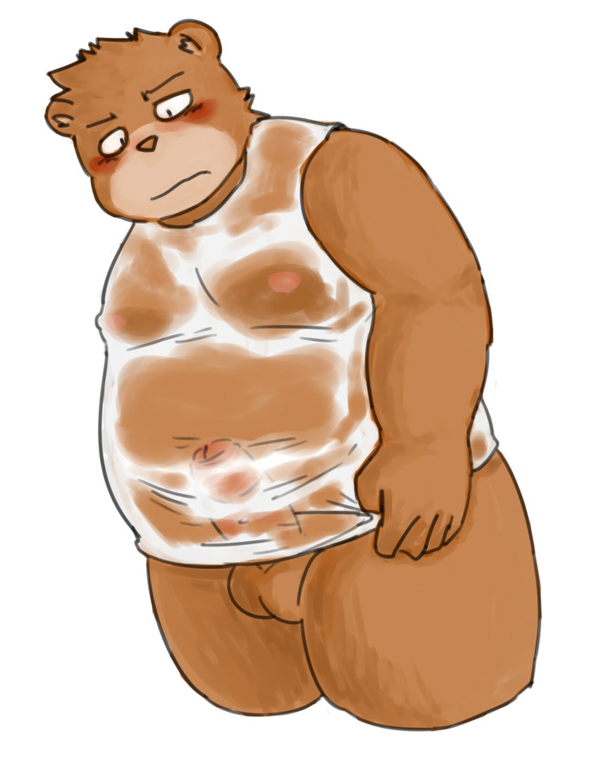 anthro balls belly blush blush_lines brown_body clothing erection erection_under_clothing foreskin genitals male moobs nipples overweight overweight_male penis shirt slightly_chubby solo topwear wet wet_clothing wet_shirt wet_topwear rampie bear mammal ursidae ursine hi_res