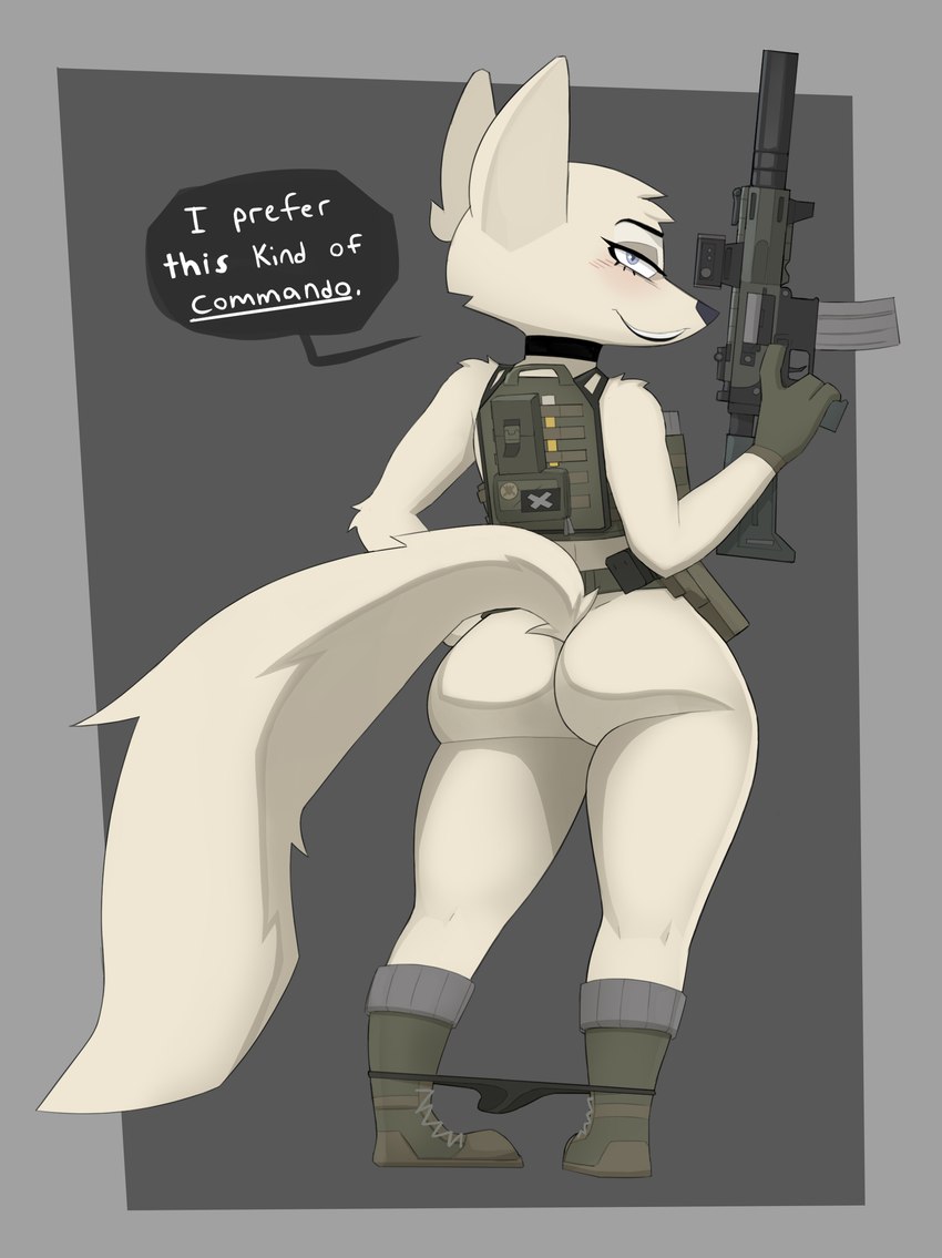 anthro arm_tuft armor assault_rifle belt biped black_nose blue_eyes blush blush_lines body_armor boots border bottomless butt cheek_tuft choker clothed clothing dialogue elbow_tuft facial_tuft female footwear fur gloves grey_background grey_border gun hand_on_hip handgun handwear head_tuft holding_gun holding_object holding_ranged_weapon holding_rifle holding_weapon holster humor jewelry looking_at_viewer looking_back m4 necklace panties panties_around_ankles panties_down partially_clothed pistol plate_carrier pun ranged_weapon rear_view rifle shoes shoulder_tuft side_mouth simple_background smile smirk solo speech_bubble standing text trigger_discipline tuft underwear underwear_down weapon white_body white_fur yitexity disney zootopia skye_(zootopia) canid canine fox mammal 2022 absurd_res english_text hi_res