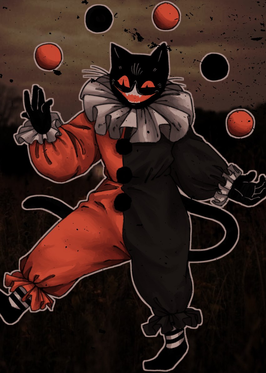 anthro black_body black_ears black_fur clothing fur juggler juggling open_mouth solo whiskers fullmetaljack77 domestic_cat felid feline felis mammal hi_res