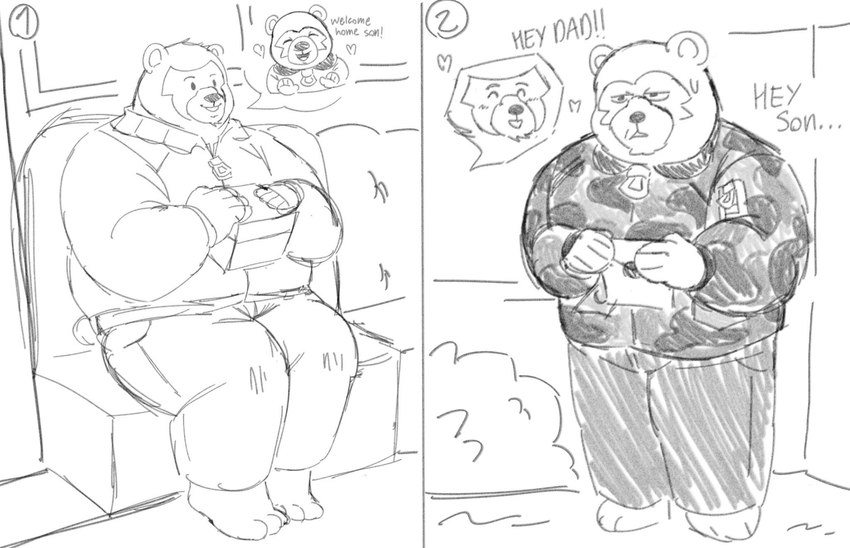 aged_up anthro bodily_fluids bottomwear clothing dot_eyes duo humanoid_hands jacket male overweight overweight_male pants sweat text topwear anommyself animal_crossing nintendo ike_(animal_crossing) poko_(animal_crossing) bear mammal 2022 comic english_text hi_res monochrome father_(lore) father_and_child_(lore) father_and_son_(lore) parent_(lore) parent_and_child_(lore) parent_and_son_(lore) son_(lore)