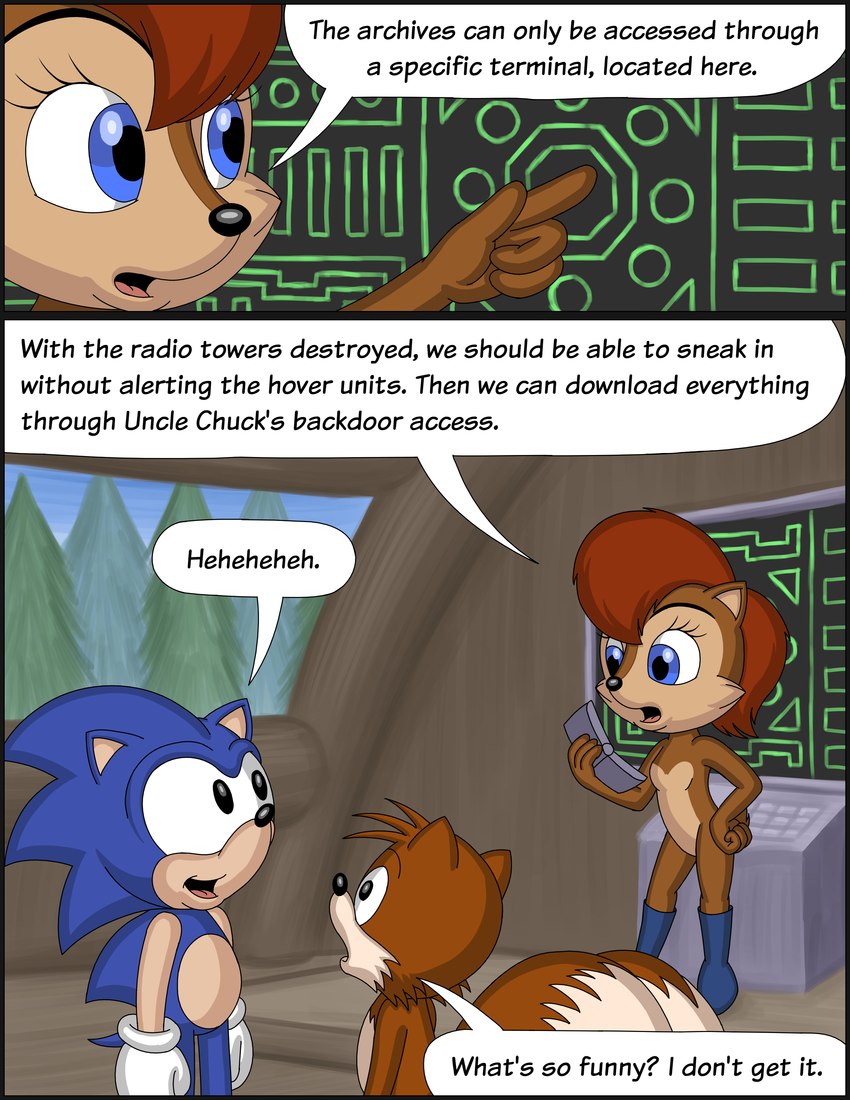 anthro black_border boots border clothing computer dialogue electronics female footwear gloves handwear laugh male planning pronounced_browridge shoes text vocalization young omatic archie_comics sega sonic_the_hedgehog_(archie) sonic_the_hedgehog_(comics) sonic_the_hedgehog_(satam) sonic_the_hedgehog_(series) miles_prower sally_acorn sonic_the_hedgehog canid canine eulipotyphlan fox ground_squirrel hedgehog mammal rodent sciurid absurd_res comic english_text hi_res