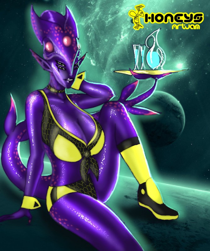 big_breasts breasts cleavage clothed clothing female looking_at_viewer multi_eye not_furry purple_body purple_skin solo grriva alien hi_res