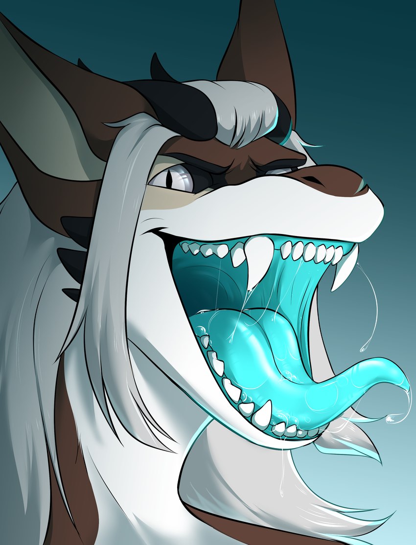 anthro bodily_fluids hair horn male mouth mouth_shot open_mouth saliva smile solo teeth throat tongue shunya mythology dragon mythological_creature mythological_scalie scalie absurd_res hi_res