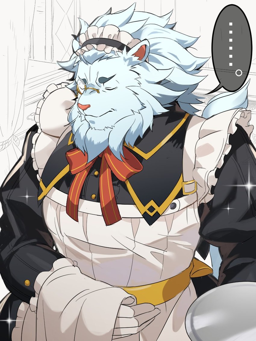 anthro clothed clothing crossdressing eyewear fur maid_uniform male monocle muscular muscular_anthro muscular_male simple_background solo uniform white_background white_body white_fur nizitarosan lifewonders tokyo_afterschool_summoners snow_(tas) felid lion mammal pantherine 3:4 hi_res