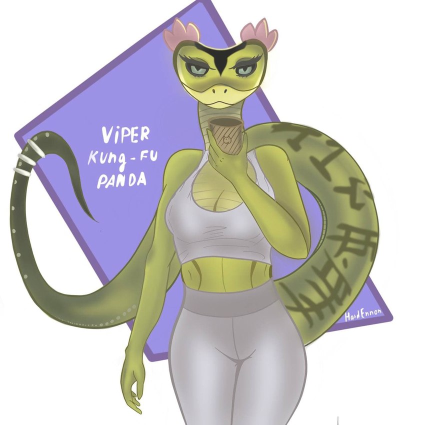 anthro anthrofied bottomwear breasts clothed clothing female looking_at_viewer lotos pants solo sportswear hardenonn dreamworks kung_fu_panda master_viper reptile scalie snake viper 1:1 hi_res