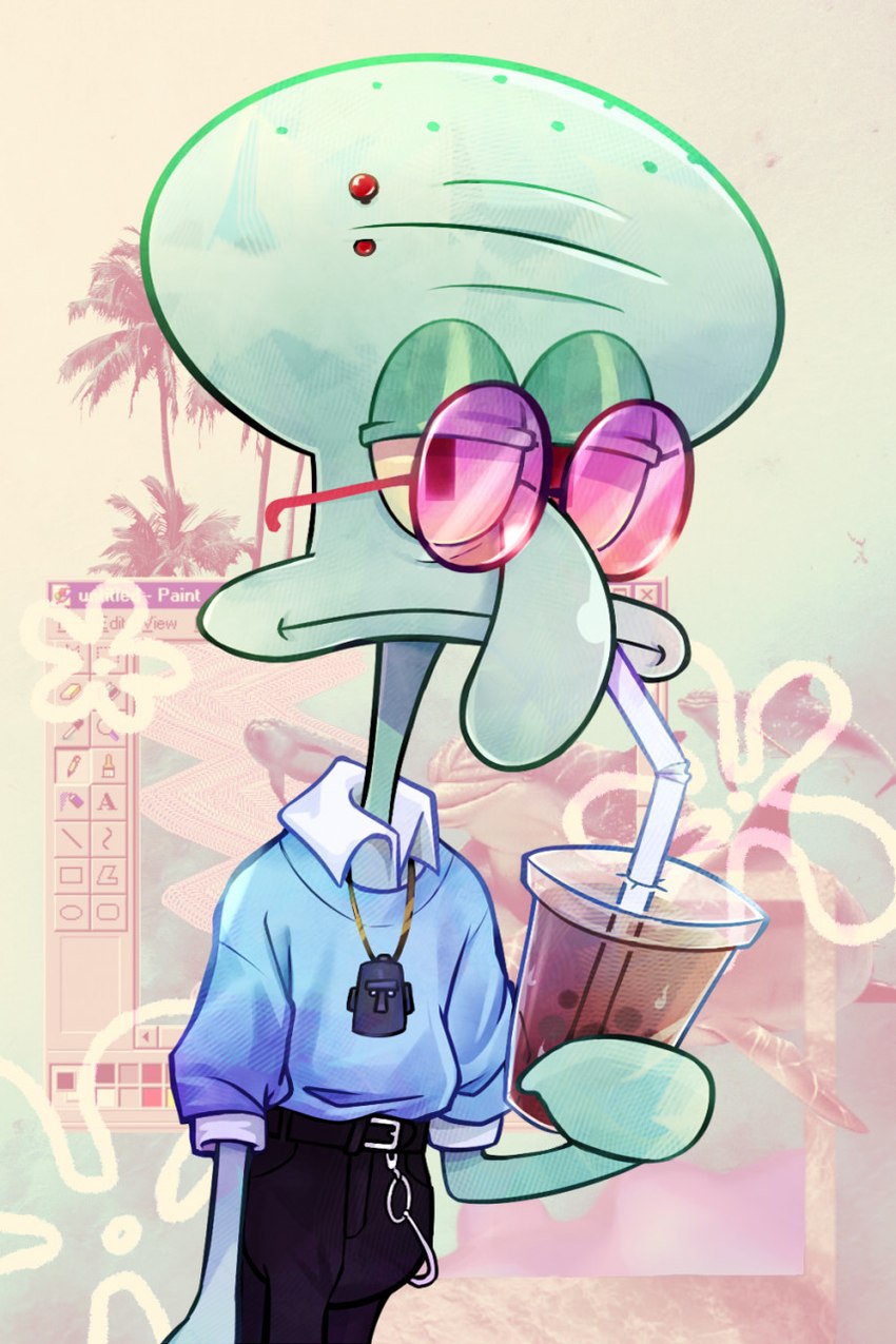 abstract_background anthro belt beverage black_eyes bottomwear bubble_tea clothing container cup drinking_straw eyebrow_piercing eyewear facial_piercing flower flower_cloud_(spongebob) glasses green_body green_skin holding_container holding_cup holding_object jewelry looking_at_viewer male necklace pants piercing plant shadow shirt solo standing text tinted_glasses topwear vaporwave yellow_sclera closetcanibal nickelodeon spongebob_squarepants squidward_tentacles cephalopod coleoid marine mollusk octopodiform octopus digital_media_(artwork) english_text hi_res microsoft_paint_(artwork) portrait three-quarter_portrait