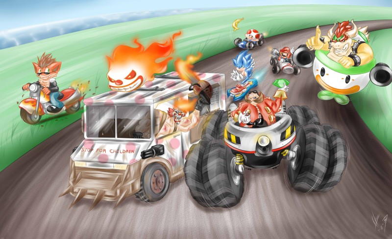 sonic the hedgehog, crash bandicoot, needles kane, sweet tooth, dr. eggman, and etc (sonic and sega all-stars racing and etc) created by dullvivid