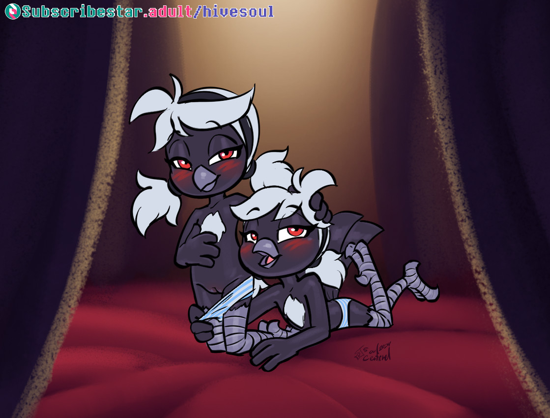 3_toes 4_fingers accessory anthro anthro_on_anthro assisted_exposure beak bedroom_eyes black_body black_feathers blush bottomwear chest_tuft clothed clothing clothing_pull detailed_background feathers feet female female/female female_anthro fingers genitals hair hand_on_head hand_on_partner hand_on_partner's_head headband kneeling lying narrowed_eyes on_front open_beak open_mouth open_smile panties panties_only partially_clothed pattern_bottomwear pattern_clothing pattern_panties pattern_underwear pigtails red_eyes seductive smile striped_bottomwear striped_clothing striped_panties striped_underwear stripes talons text toes topless topless_anthro topless_female tuft underwear underwear_down underwear_only underwear_pull undressing_another undressing_partner vulva white_hair young young_anthro young_female young_on_young soulcentinel subscribestar rubi_hivally ruby_hivally avian bird corvid corvus_(genus) crow oscine passerine 2024 artist_name dated digital_drawing_(artwork) digital_media_(artwork) shaded signature soft_shading url incest_(lore) sibling_(lore) sister_(lore) sisters_(lore) twincest_(lore) twins_(lore)