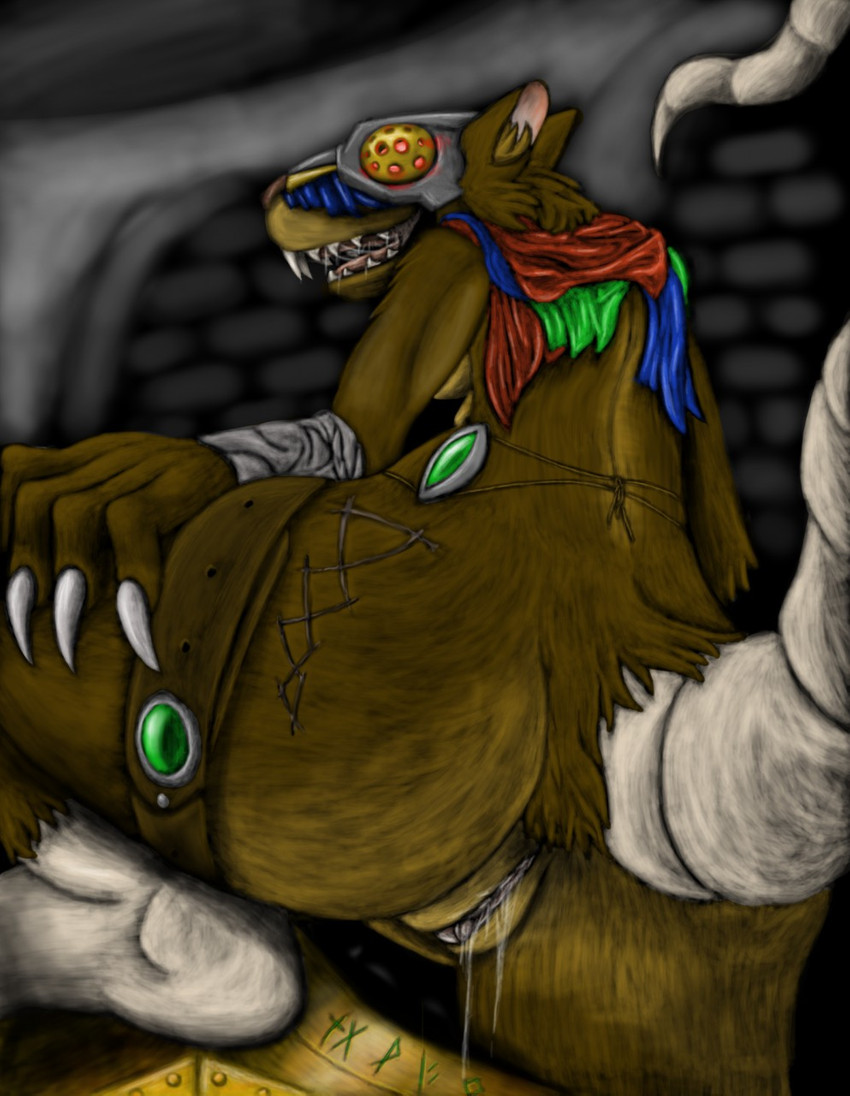 anthro belt bodily_fluids brown_body brown_fur butt claws clitoris clothed clothing fangs female fur genital_fluids genitals glowing glowing_eyes partially_clothed pussy rear_view red_eyes teeth vaginal_fluids warpstone darklord92 warhammer_(franchise) warhammer_fantasy qrill mammal murid murine rat rodent skaven hi_res