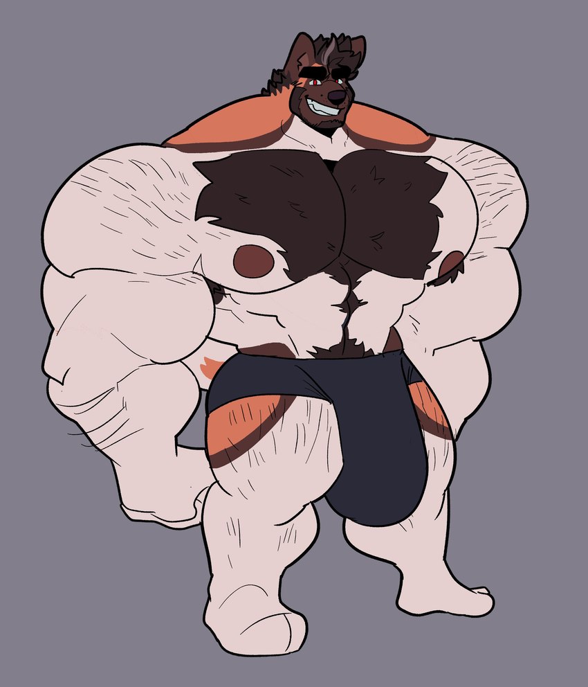 anthro big_bulge big_muscles big_pecs black_eyebrows brown_body brown_fur bulge clothed clothing eyebrows fur grey_background grin huge_bulge huge_muscles hyper hyper_muscles male muscular muscular_anthro nipples orange_body orange_fur pecs red_eyes red_nipples simple_background smile solo standing tan_body tan_fur teeth underwear underwear_only melaisen bau_(melaisen) akita american_akita canid canine canis domestic_dog mammal spitz 2022 absurd_res colored digital_drawing_(artwork) digital_media_(artwork) full-length_portrait hi_res portrait