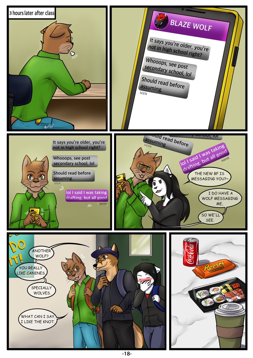 anthro blush cellphone chatting electronics embarrassed female group lunch male message phone shameless smartphone snacks teasing text bluetoxic devin_fox jesse_cat melissa_cat canid canine domestic_cat felid feline felis fox mammal absurd_res english_text hi_res