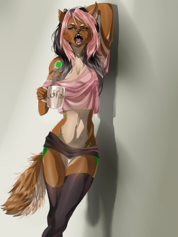 anthro beverage breasts cleavage clothed clothing coffee fangs female food hair hand_behind_head legwear looking_at_viewer midriff multicolored_hair nipples one_eye_closed open_mouth pink_hair raised_arm skimpy solo stockings stretching teeth thigh_gap thigh_highs translucent translucent_clothing translucent_topwear two_tone_hair yawn qrichy raella_(tluuvyen) canid canine mammal 3:4 digital_media_(artwork) hi_res