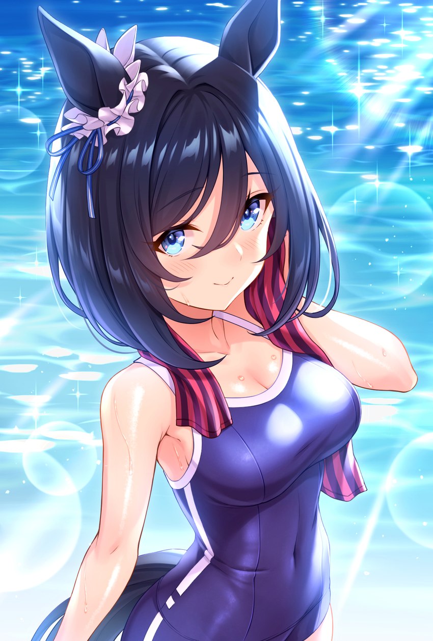 blue_eyes breasts clothing female hair looking_at_viewer one-piece_swimsuit smile solo spaghetti_strap swimwear water tomo_(tmtm_mf_mf) cygames uma_musume_pretty_derby eishin_flash_(pretty_derby) animal_humanoid equid equid_humanoid equine equine_humanoid horse_humanoid humanoid mammal mammal_humanoid 2021 hi_res