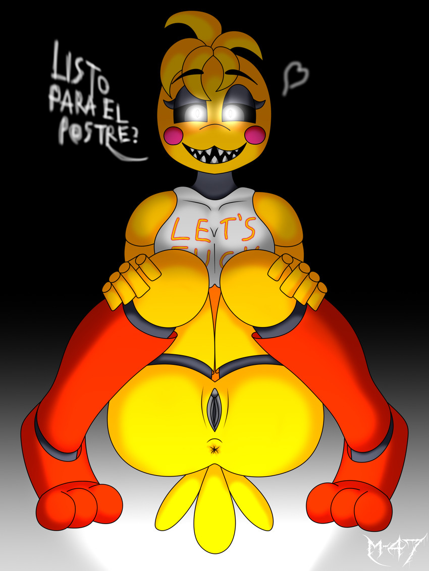 anthro anus black_sclera blush blush_stickers bottomless butt clothed clothing dialogue female front_view genitals glowing glowing_eyes looking_at_viewer machine pussy sharp_teeth sitting solo talking_to_viewer teeth text white_eyes m-47 five_nights_at_freddy's five_nights_at_freddy's_2 scottgames toy_chica_(fnaf) animatronic robot 3:4 hi_res spanish_text translated