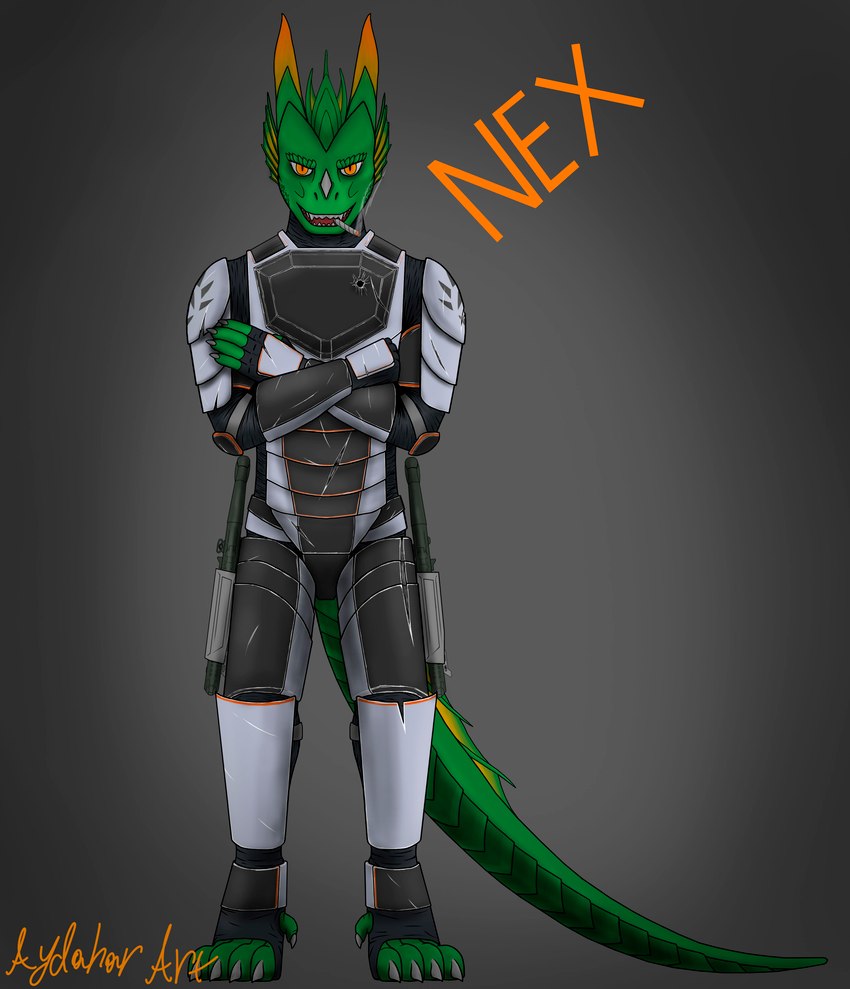 5_fingers anthro armor armored_body armored_boots armored_gloves claws fingers green_body green_scales green_skin grey_armor gun horn long_tail male military orange_eyes ranged_weapon scales scratches solo tail weapon aydaharart mythology nex_firenfire dragon mythological_creature mythological_scalie scalie absurd_res hi_res