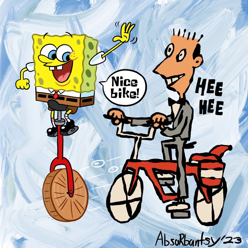 bicycle black_bow_tie black_clothing black_footwear black_shoes blue_eyes bow_tie buckteeth clothing dialogue footwear gesture laugh male necktie open_mouth pointy_nose red_necktie riding_bike smile speech_bubble teeth text unicycle vehicle waving absorbantsy nickelodeon pee_wee's_playhouse spongebob_squarepants pee_wee_herman spongebob_squarepants_(character) human mammal marine sea_sponge 1:1 2023 crossover english_text hi_res in_memoriam signature