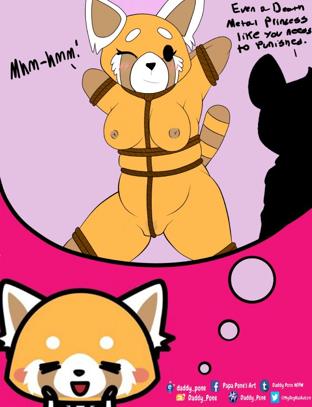 anthro bdsm blush bondage bound breasts fantasy female female_focus rope text daddy_pone aggretsuko sanrio haida_(aggretsuko) retsuko ailurid hyena mammal red_panda spotted_hyena absurd_res english_text hi_res