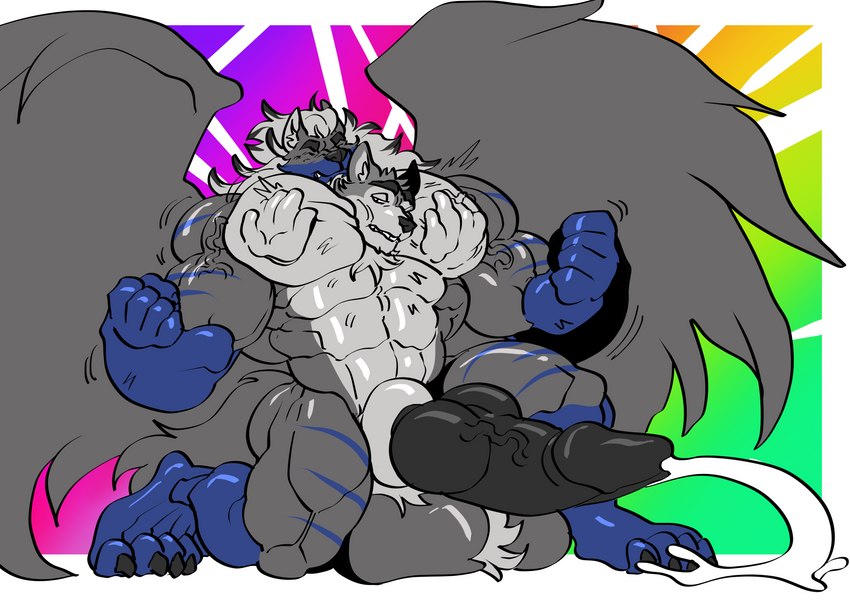 absorption_vore anthro anthro_pred big_muscles big_pecs digestion duo fur genitals growth male male/male multicolored_body multicolored_fur muscle_growth muscular muscular_anthro muscular_male nipples nude pecs pectoral_vore penis stripes vein veiny_arms veiny_penis vore wings trencalos flickrtail canid canine canis hybrid mammal absurd_res hi_res