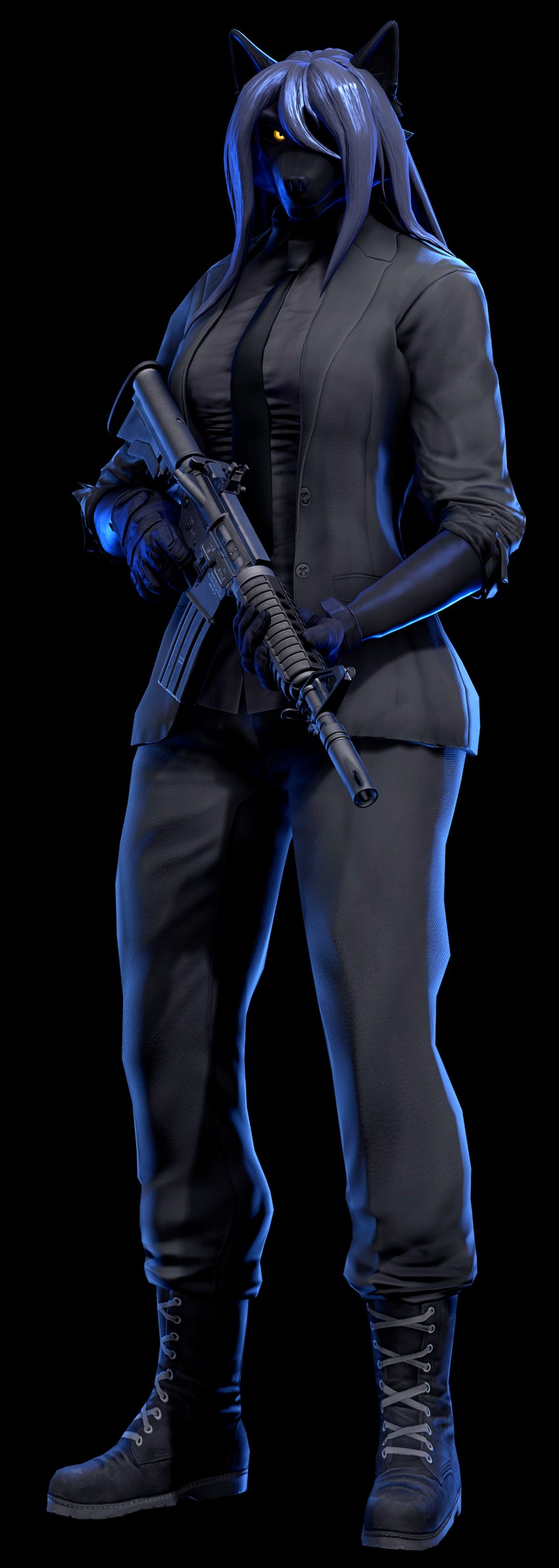 anthro ar-15 assault_rifle athletic blue_hair clothing dark_body dark_skin female gun hair m4a1 ranged_weapon rifle solo suit tactical_gloves weapon yellow_eyes ludexus fan_character lexas_(ludexus) canid canine canis mammal wolf 3d_(artwork) absurd_res alpha_channel digital_media_(artwork) hi_res source_filmmaker_(artwork)