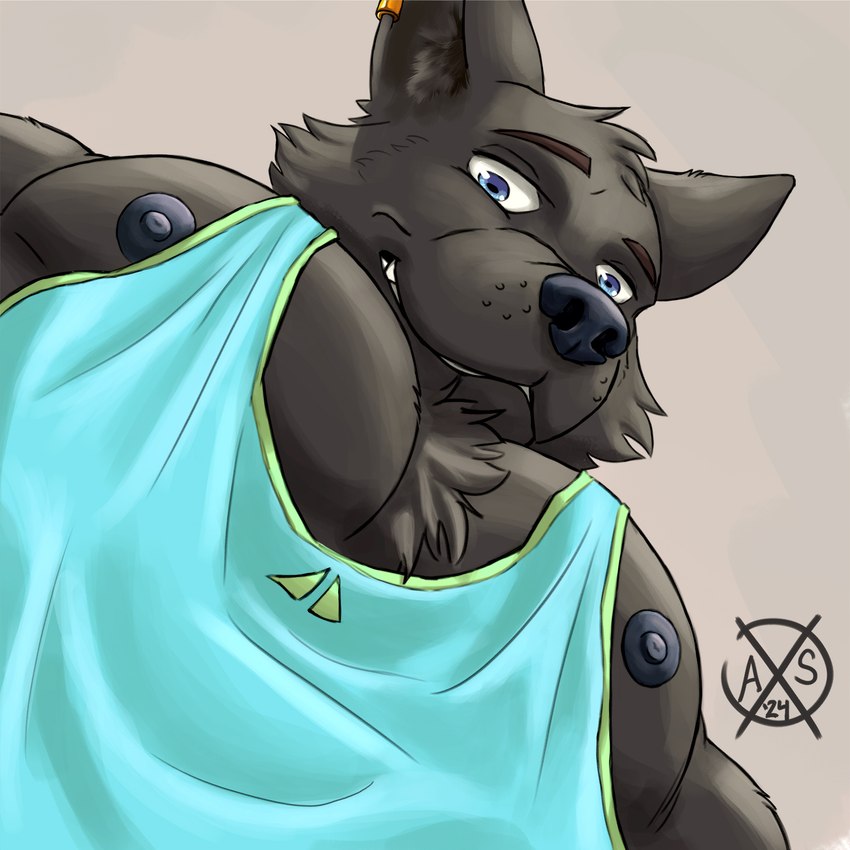 anthro areola chest_tuft clothing looking_at_viewer looking_down low-angle_view male muscular muscular_anthro muscular_male nipples shirt smile solo tank_top topwear tuft alphasabre pec_pov_meme sabre_(sabrethewolf) canid canine canis mammal wolf 1:1 2024 hi_res meme