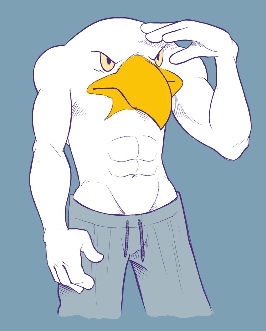 beak bottomwear clothing grey_background hand_over_eye looking_away low_rise_pants male no_neck pants simple_background solo sweatpants yellow_beak anti_dev accipitrid accipitriform avian bird eagle hi_res