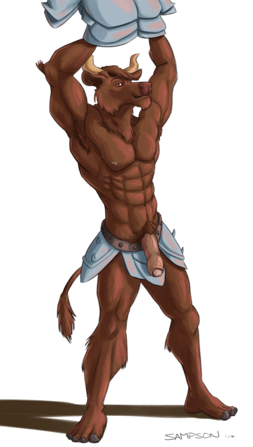 5_toes abs anthro armor armpit_hair armpit_tuft arms_above_head body_hair brown_body brown_fur cheek_tuft chin_tuft clothing facial_tuft feet flaccid foreskin fur genitals hands_above_head head_tuft holding_armor holding_object hooved_toes hooves horn humanoid_feet humanoid_genitalia humanoid_penis looking_at_viewer male muscular muscular_anthro muscular_male navel neck_tuft nipples pecs penis pink_nipples pink_penis plantigrade pubes red_eyes removing_armor serratus simple_background smile solo standing tail tail_tuft toes tuft undressing white_background sampsonwoof european_mythology greek_mythology mythology bovid bovine mammal minotaur 2017 absurd_res digital_drawing_(artwork) digital_media_(artwork) hi_res shaded signature story story_in_description