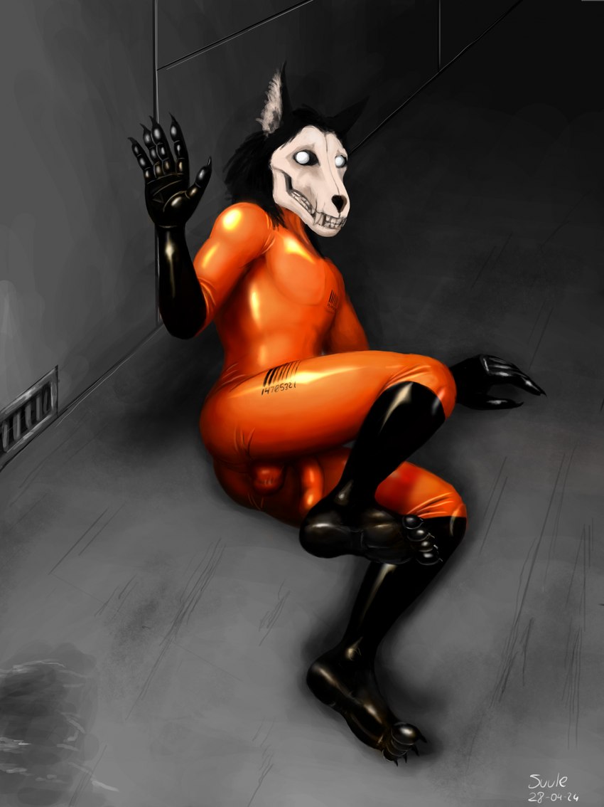 4_toes 5_fingers anthro athletic athletic_anthro athletic_male balls_outline barcode black_body black_fur bodysuit bone bulge caught claws clothing detailed_bulge feet finger_claws fingers fur genital_outline gesture glistening glistening_clothing humanoid_penis_outline inside jumpsuit latex latex_bodysuit latex_clothing latex_skinsuit looking_at_viewer lying male nervous_smile on_ground penis_outline plantigrade prisoner raised_leg skinsuit skull skull_head smile solo teeth tight_clothing toe_claws toes waving white_eyes wide_eyed suule scp_foundation scp-1471-a canid canine mammal monster skulldog_(species) 2024 artist_name dated digital_media_(artwork) digital_painting_(artwork) hi_res painting_(artwork) shaded signature soft_shading