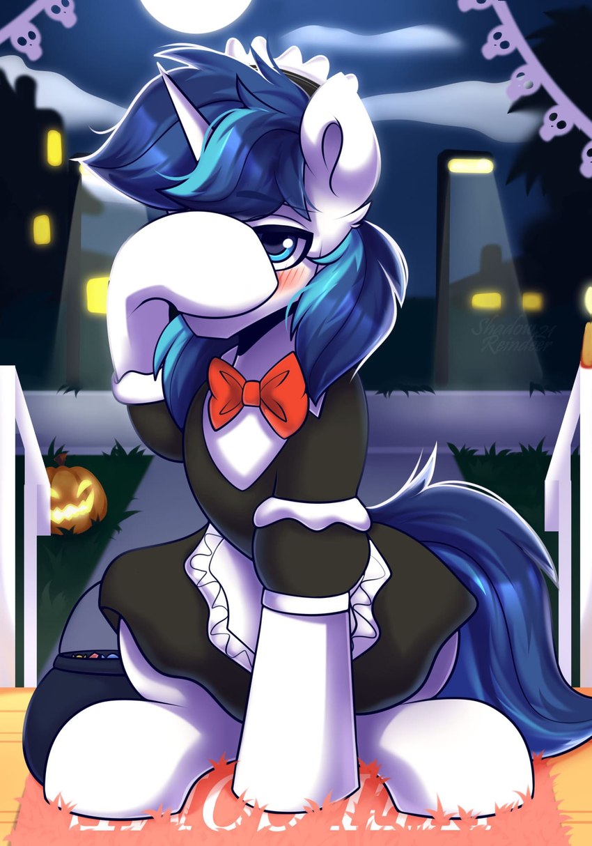 blue_eyes blue_hair blush bow_tie cauldron clothed clothing covering covering_face crossdressing doormat full_moon hair holidays horn maid_apron maid_hat maid_headdress maid_uniform male moon night porch sitting solo trick-or-treating uniform welcome_mat shadowreindeer friendship_is_magic halloween hasbro my_little_pony mythology shining_armor_(mlp) equid equine mammal mythological_creature mythological_equine unicorn hi_res