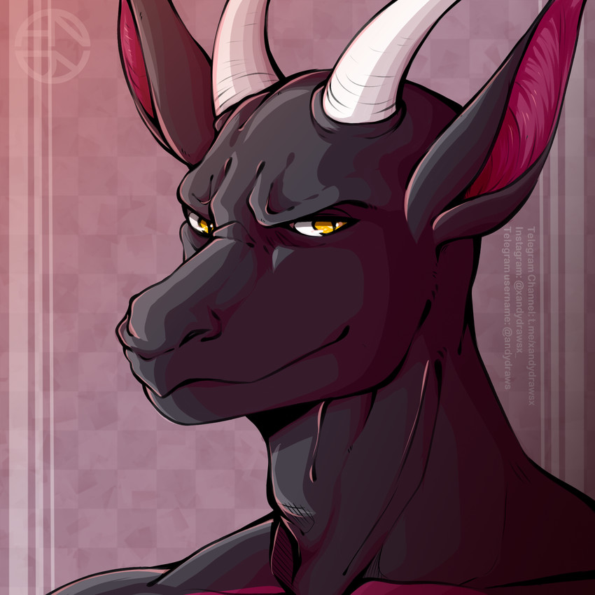 anthro black_body black_scales horn looking_at_viewer male manly muscular muscular_anthro muscular_male pink_body pink_scales scales solo yellow_eyes unknown_artist mythology magnus dragon mythological_creature mythological_scalie reptile scalie 1:1 hi_res