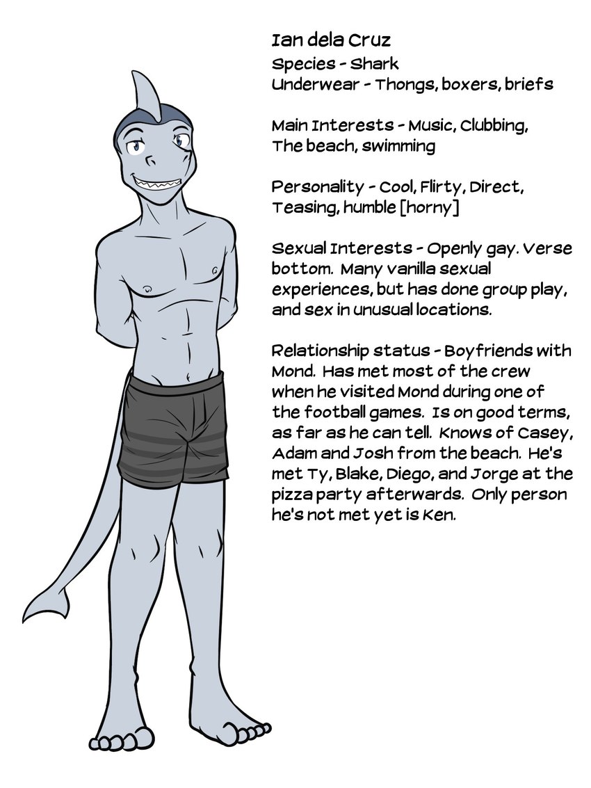 anthro boxers_(clothing) clothed clothing grey_boxers grey_clothing grey_underwear grin hands_behind_back male navel nipples sharp_teeth simple_background smile solo teeth text topless underwear underwear_only white_background fuze texnatsu ian_dela_cruz fish marine shark 3:4 english_text full-length_portrait hi_res portrait