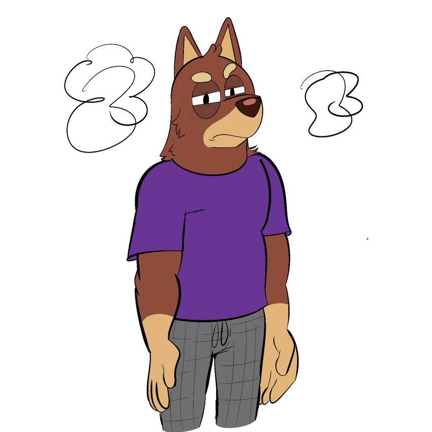 anthro black_eyes bottomwear brown_nose clothed clothing fur grey_bottomwear grey_clothing grey_pants hair looking_at_viewer male multicolored_body multicolored_bottomwear multicolored_clothing multicolored_fur narrowed_eyes orange_body orange_fur pants purple_clothing purple_shirt purple_t-shirt purple_topwear red_body red_ears red_fur red_hair shirt simple_background solo standing t-shirt topwear two_tone_body two_tone_bottomwear two_tone_clothing two_tone_fur two_tone_pants white_background beargarbage bluey_(series) rusty's_dad_(bluey) australian_kelpie canid canine canis domestic_dog herding_dog mammal pastoral_dog sheepdog 1:1 2024 digital_media_(artwork) hi_res